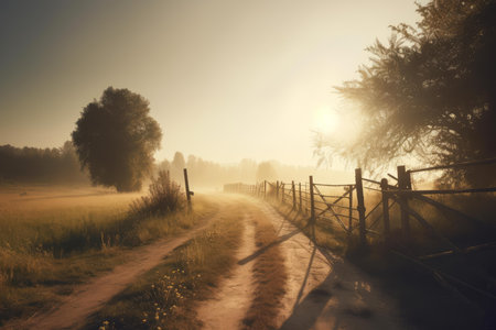 Peaceful sunrise with golden light over a countryside path, creating a tranquil sceneの素材