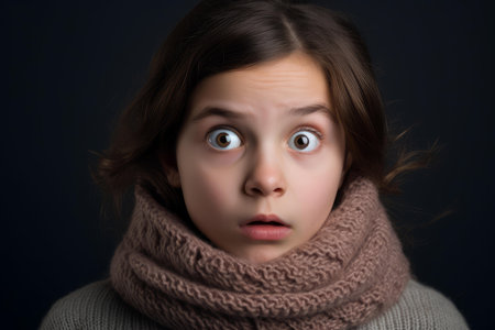 Close-up of a young girl with a startled expression, wearing a cozy scarfの素材