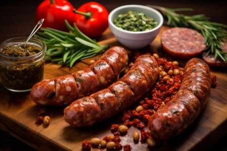 Aromatic Tasty cut homemade sausage garlic peppercorns. Tasty meal pork meat red. Generate Aiの素材