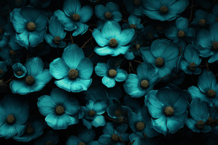 Calming Teal flowers bush dark. Botanical small. Generate Aiの素材