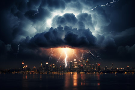 Shadowy City in the storm. Energy rain nature. Generate Aiの素材