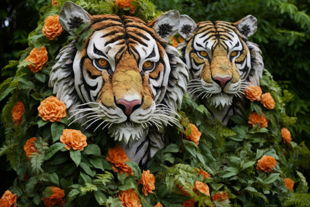 Serene Tiger head roses garden. Wild face. Generate Aiの素材