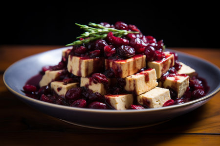 Tangy Tofu cubes with cranberries on plate. Vegan appetizer delicacy food sliced in blocks. Generate aiの素材