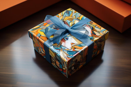 Colorful gift box with a vibrant blue ribbon on a wooden surfaceの素材