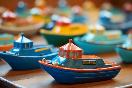 Handcrafted ceramic boats in bright colors displayed on a wooden surfaceの素材