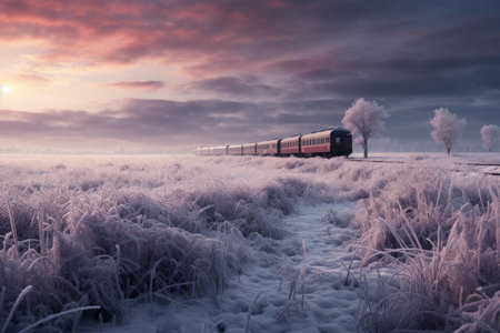 Vast Train winter field. Road forest rail. Generate Aiの素材