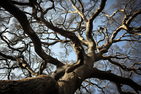 Low angle view of the intricate branches of an oak tree sprawling across a clear skyの素材