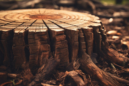 Close-up of a textured tree stump with natural cracks, shot in warm sunlightの素材