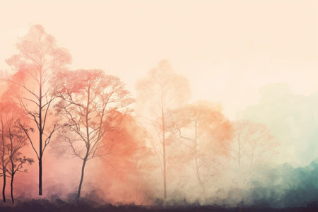 Tranquil and ethereal misty forest at sunrise with warm orange light, creating a peaceful and serene natural beauty scene in the wilderness, surrounded by gentle mist and soft pastel colorsの素材
