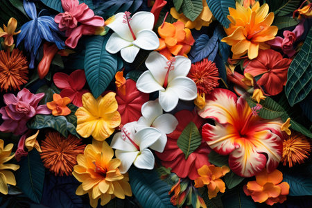 Rich, colorful backdrop of assorted tropical flowers and foliageの素材