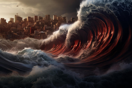 Colossal Tsunami wave. Nature ocean storm. Generate Aiの素材