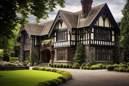 Distinctive Tudor house style. Retro garden. Generate Aiの素材