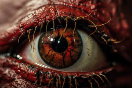 Macro shot of a detailed horror-themed eye prop with textured surroundings, suitable for halloweenの素材