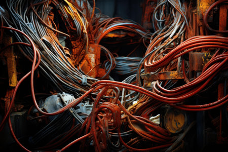 Close-up detailed view of complex. Chaotic. And cluttered industrial cable and wire network with intertwined machinery. Rusty connectors. And dense hardware in a dark and disorderly factory settingの素材