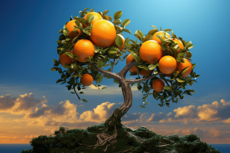 A surreal image of an orange tree with ripe fruit against a sunset skyの素材