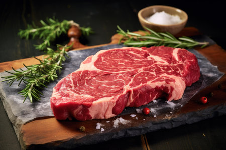High-quality raw ribeye steak with herbs and seasoning, ready for cookingの素材