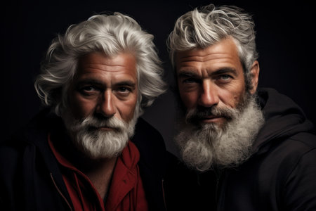 Close-up of two stylish older men with fashionable silver beards and intense gazeの素材