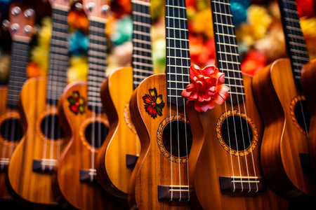 Vivid array of ukuleles with a focus on one decorated with a flowerの素材
