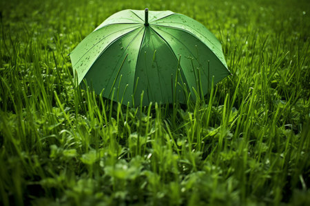 Vibrant green umbrella with raindrops stands out in a fresh, verdant grass fieldの素材
