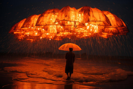 Solitary person stands under an umbrella on a shore, amidst a surreal shower of glowing embersの素材