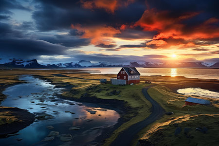 Breathtaking icelandic landscape during sunset with a solitary farmhouse by the coastの素材