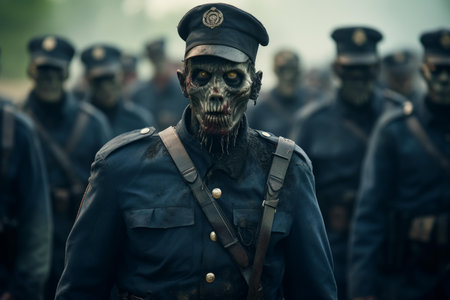 Chilling image of a zombie officer in uniform with his eerie squad in the backgroundの素材