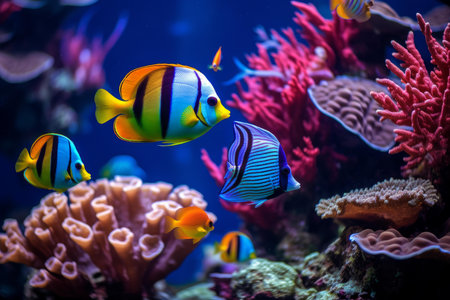 Vibrant aquarium scene with exotic fish among coral formations in deep blue waterの素材