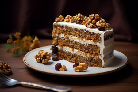 Elegantly plated carrot cake slice with walnuts and raisins, perfect for dessert menusの素材