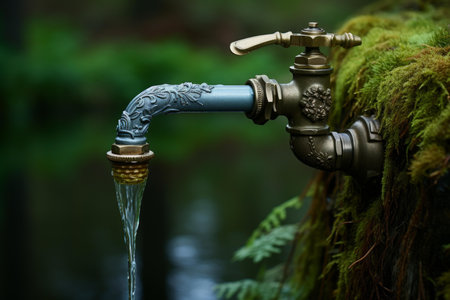 Ornate vintage tap emerges from mossy woodland, pouring clear water in a natural settingの素材