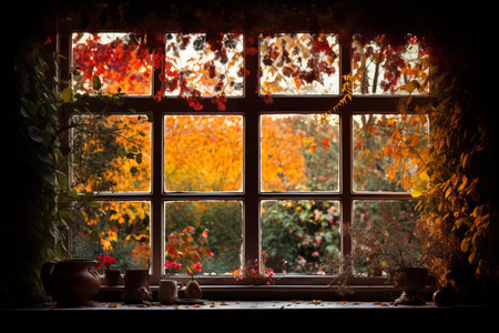 Warm and inviting window scene overlooking a vibrant autumn gardenの素材