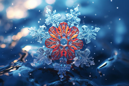 Macro shot of a detailed, colorful snowflake crystal against a shimmering blue water backdropの素材