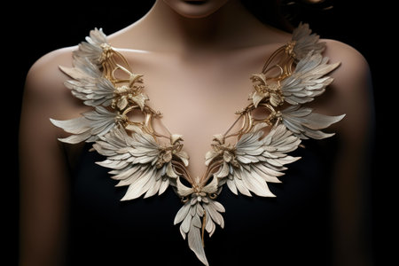 Close-up of a luxurious golden winged necklace worn by a woman, exuding elegance and fantasyの素材