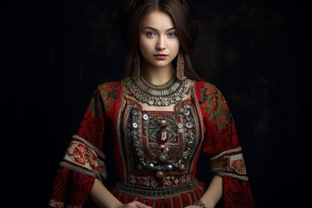 Portrait of a beautiful young woman adorned with intricate traditional costume and jewelryの素材