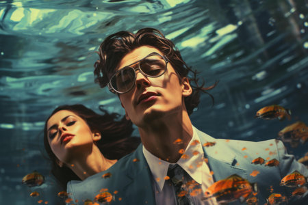 Stylish man and woman pose underwater among tropical fish, showcasing surreal fashion beautyの素材