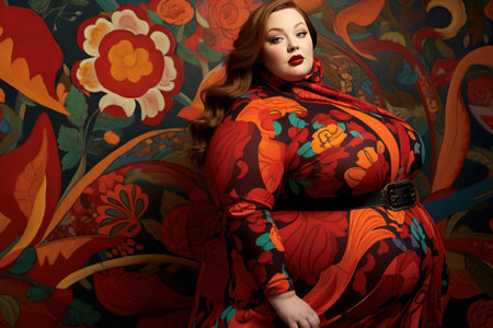 Confident full-figured model posing in a vibrant, patterned outfitの素材
