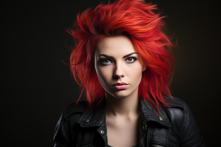 Stunning model with vibrant red hair and a bold leather jacket poses against a dark backdropの素材