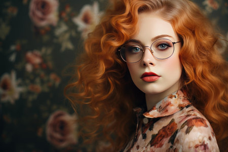 Elegant woman with curly red hair and stylish eyewear posing with a vintage lookの素材