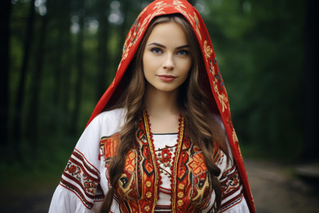Elegant young woman adorned in slavic embroidered dress and red headscarf, standing in a forest settingの素材