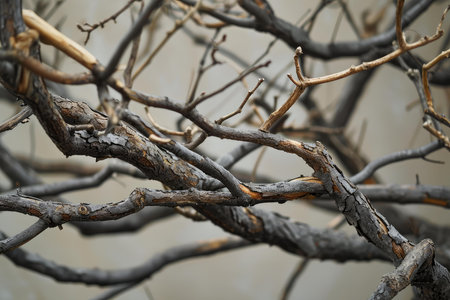 Close-up of intricate and intertwined dry, bare branches creating a natural and organic pattern in a forest setting, showcasing the complexity and structure of nature in the autumn or winter seasonの素材