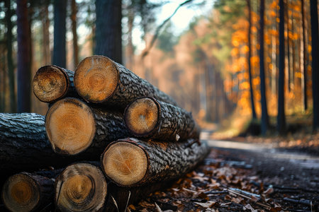 Close-up of cut wood logs against a blurred forest backdrop bathed in warm autumn sunlightの素材