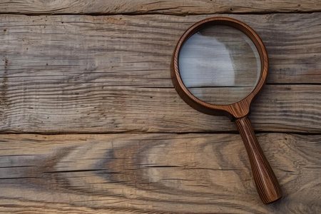 Antique-style magnifying glass lies on a textured rustic wood surface, casting a soft shadowの素材