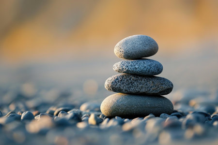 Tranquil stack of smooth pebbles balanced perfectly on a pebble beach during golden hourの素材