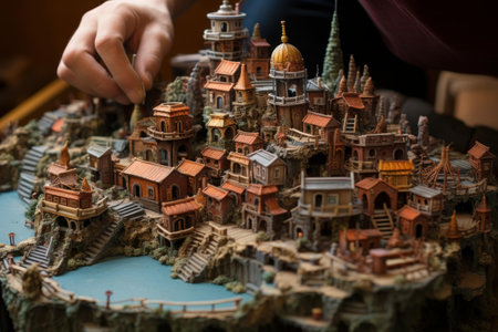 Detailed close-up of a hand-crafted miniature fantasy town with intricate buildingsの素材