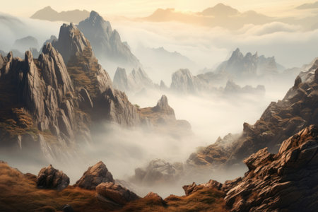 Tranquil and misty mountain sunrise scenery with rugged peaks and serene nature in the majestic mountains. Creating a peaceful and ethereal outdoor beauty during the golden hourの素材