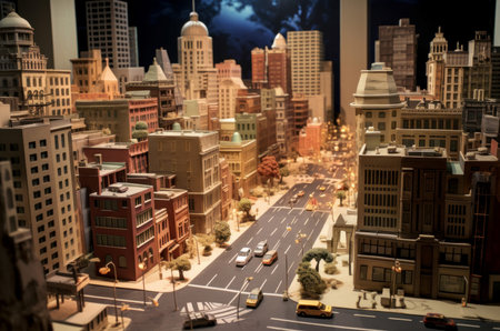 Detailed miniature model of a city street at dusk, showcasing realistic buildings and vehiclesの素材