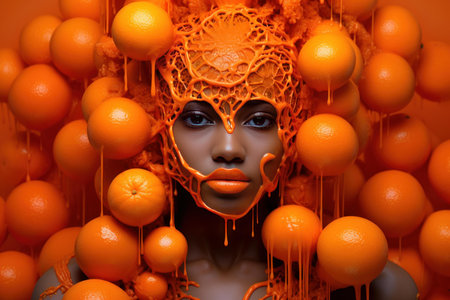 Artistic portrait of a woman adorned with an elaborate orange headpiece, dripping with vibrant colorの素材