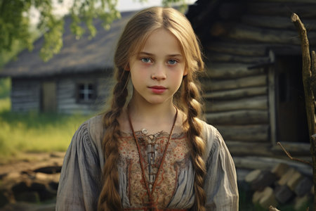 Young girl with braids posing serenely in front of a rustic cabin at sunsetの素材