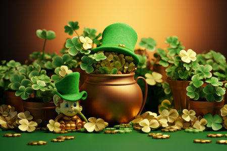 Charming leprechaun beside a pot of gold surrounded by shamrocks against a festive backdropの素材