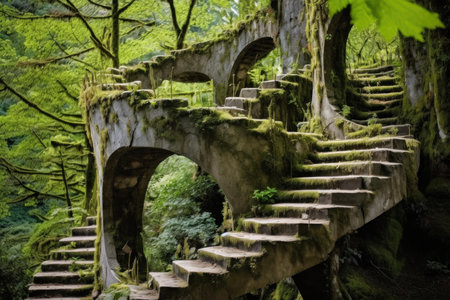 Discover the mystical and serene enchanted forest staircase surrounded by lush greenery, mossy stone stairs, and ancient foliage. Perfect for fairytale exploration and fantasy adventureの素材