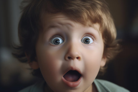 Close-up of a toddler with an expression of surprise and big bright eyesの素材